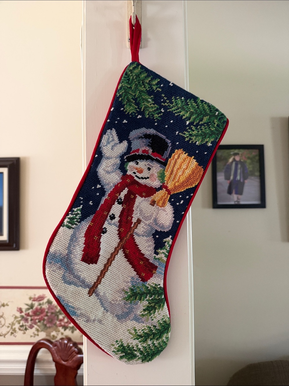 Handmade needlepoint Snowman Christmas stocking with cotton interior